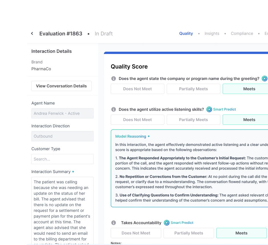 Authenticx Conversation Details page with an audio waveform player and a scrollable call transcript showing agent and customer turns