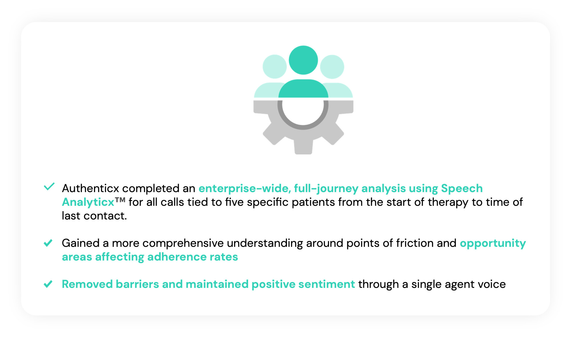 Infographic with an icon of three people above a gear and three bulleted highlights: Authenticx completed an enterprise-wide, full-journey analysis using Speech Analyticx for all calls tied to five specific patients; gained a comprehensive understanding of friction points and opportunity areas affecting adherence rates; removed barriers and maintained positive sentiment through a single agent voice.