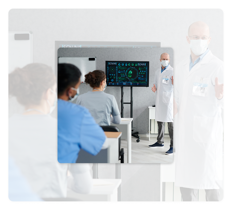Authenticx dashboard wireframe showing a scorecard with donut chart, a trend line chart, a text summary panel, and a grouped bar chart